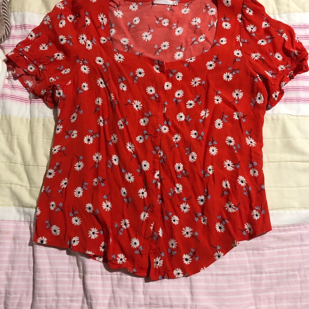 Red floral button front top